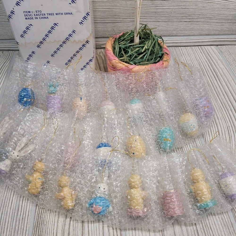 Easter Tree Ornaments Set White Twig Tree Woven Basket Pastel Eggs Rabbits Bunny